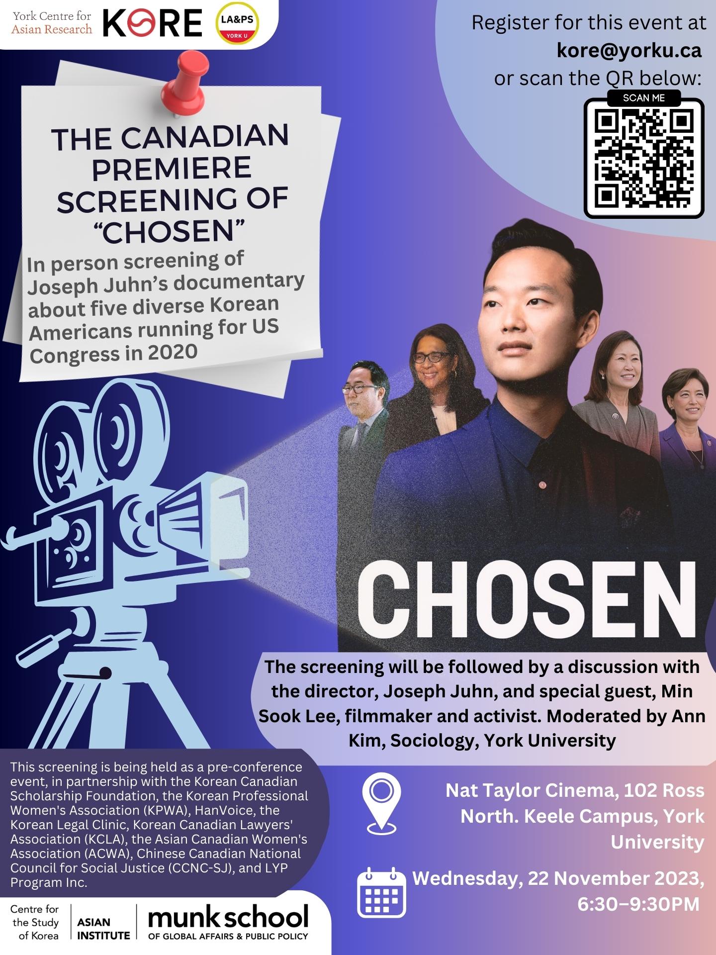 Poster for Canadian Premiere Screening of Chosen (dir. Joseph Juhn) on 22 November 2023